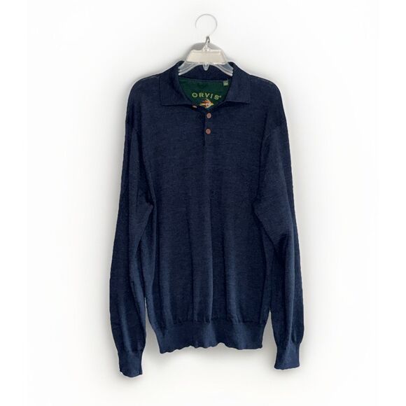 Orvis Mens 100% Wool Shirt Quarter Button Collar Polo Sweater Preppy Navy Large - Picture 1 of 14